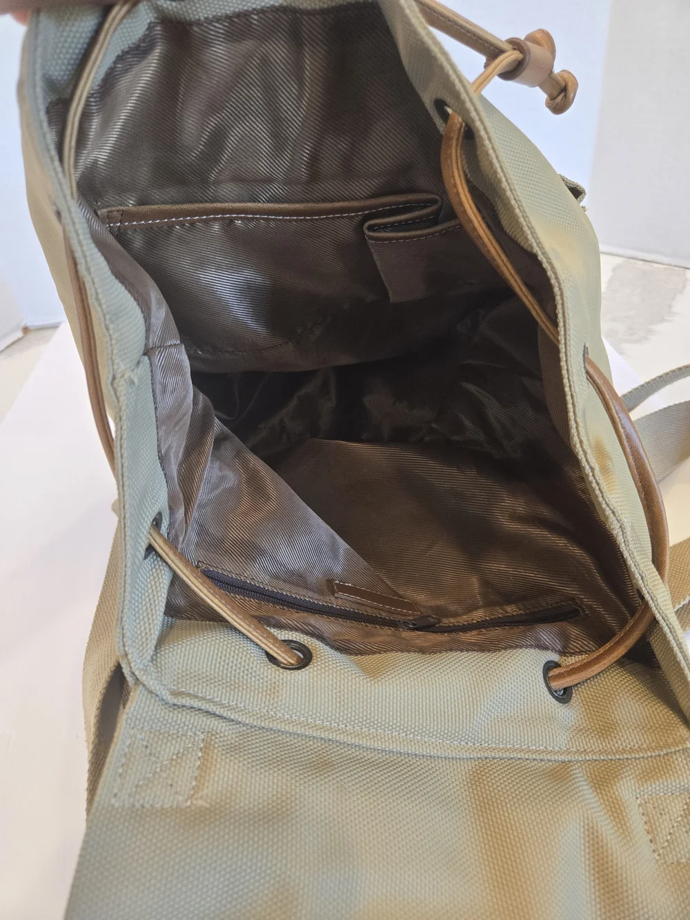 Khaki Canvas Backpack with Brown Trim for Women